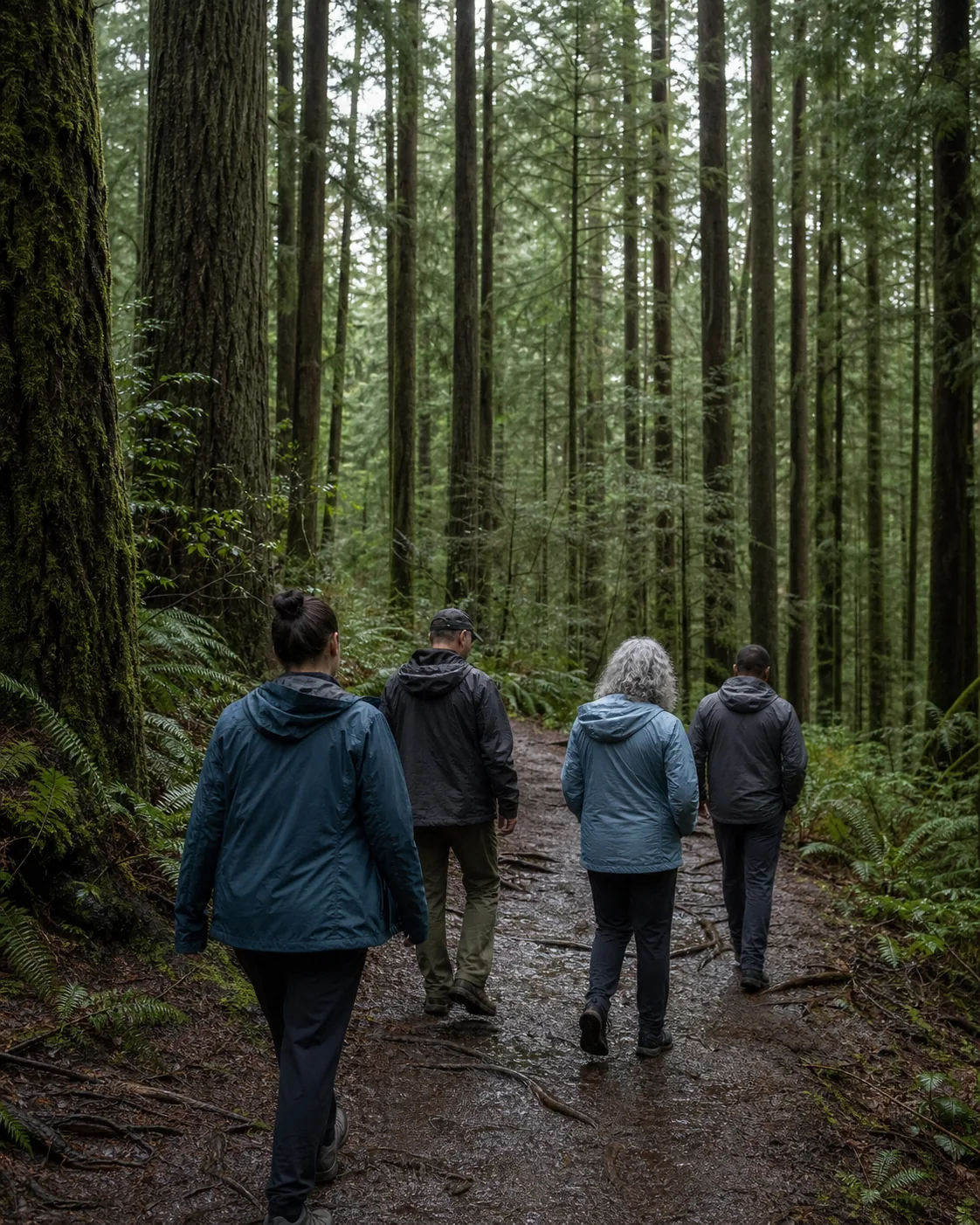 Four adults walking along a wet evergreen forest trail