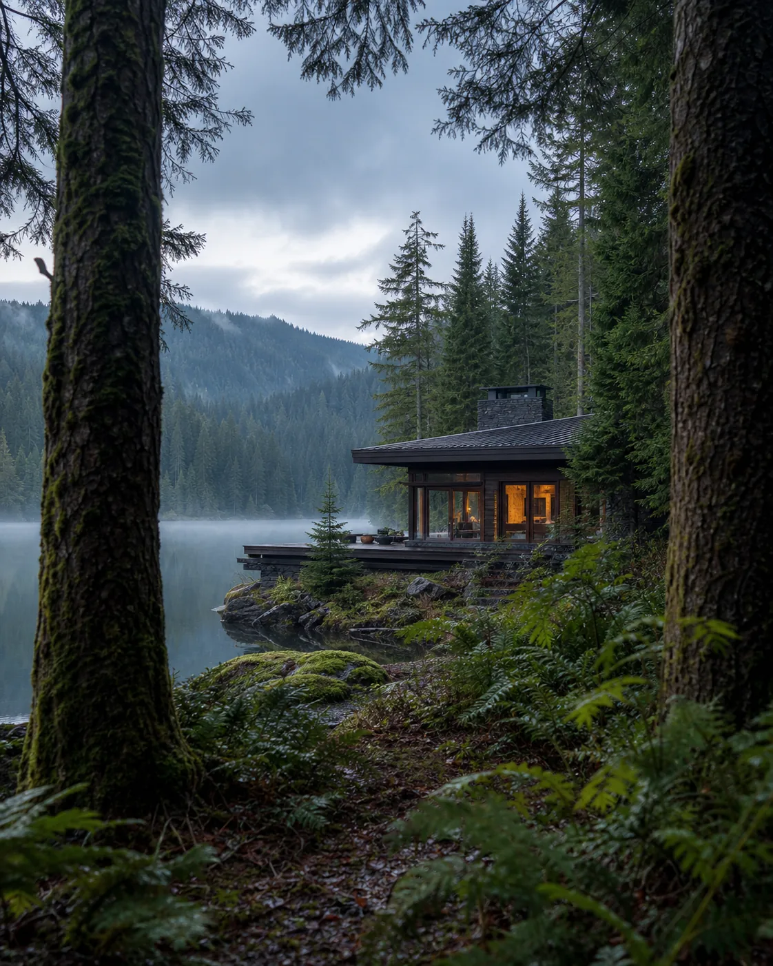 Cedar retreat lodge seen through wet evergreen trees beside a still lake