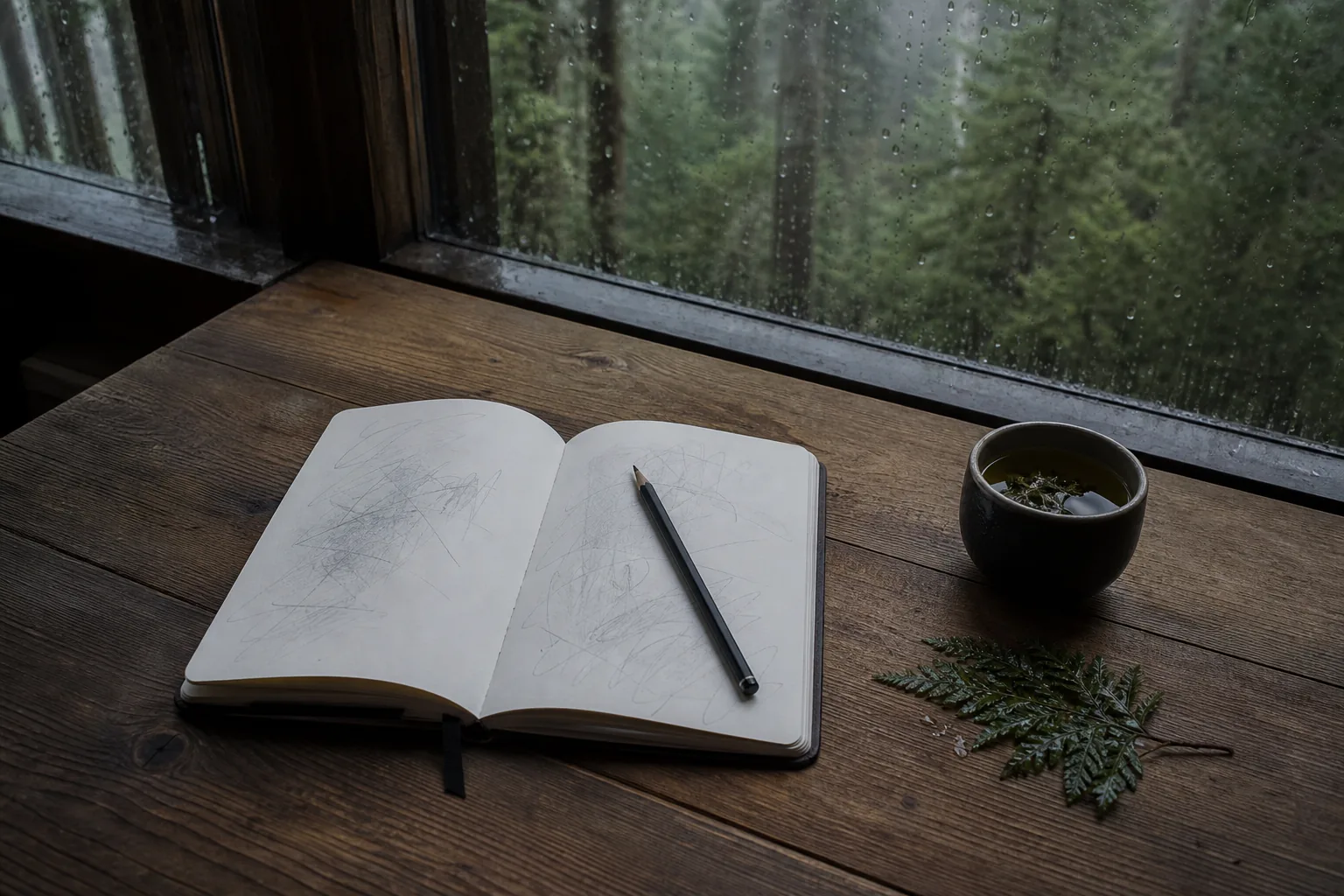 Open notebook, pencil and tea beside a rain-covered forest window