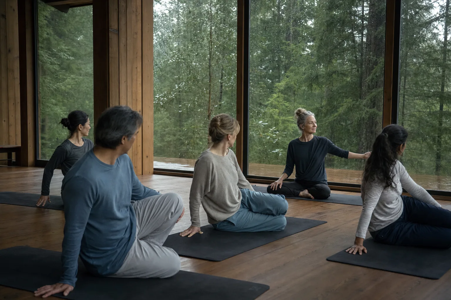 Small group moving gently in a timber practice room facing the forest