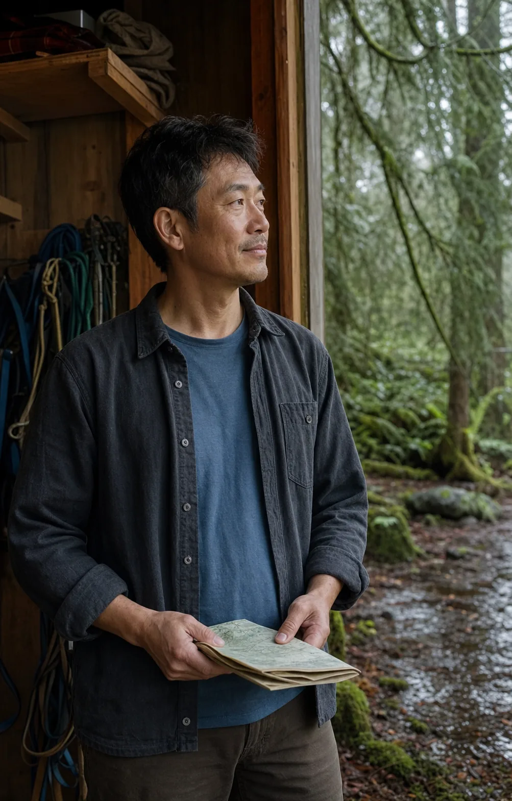 Fictional trail guide Kenji Mori holding a folded map