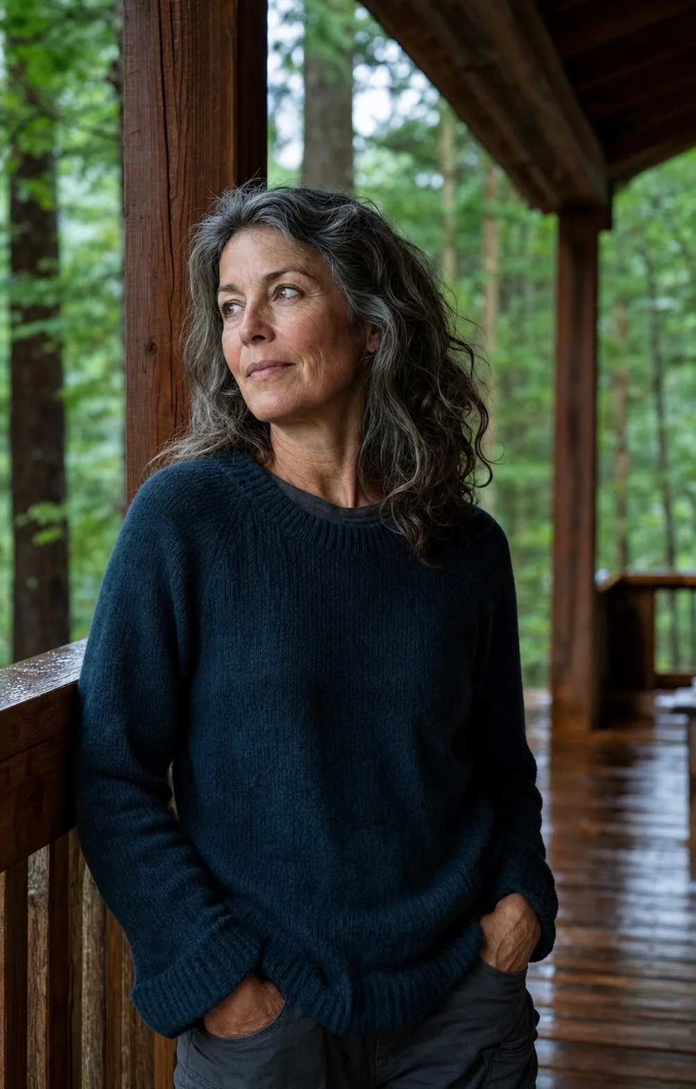 Fictional facilitator Mara Vale on a wet timber porch