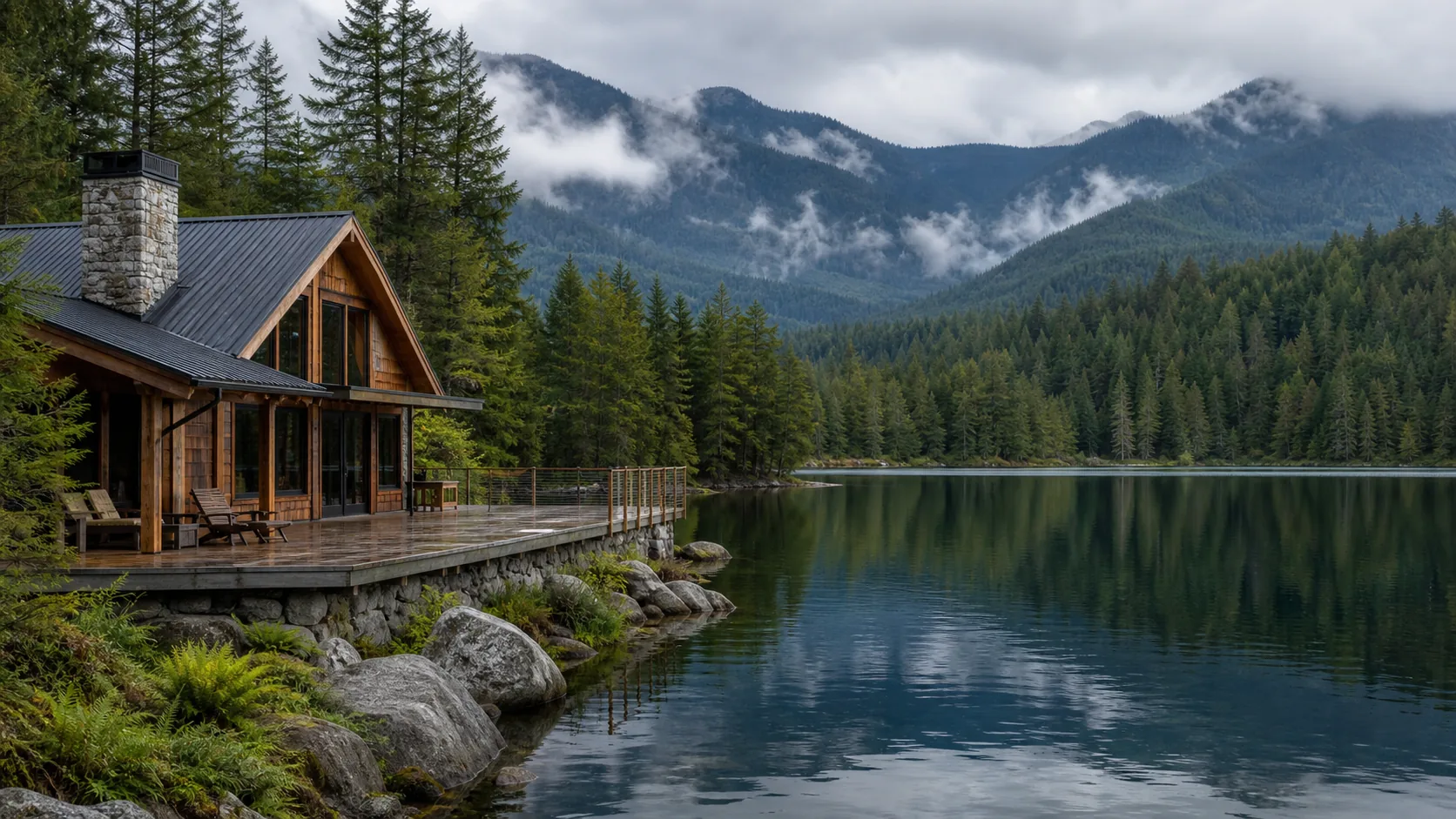 Low timber lodge beside a calm forest lake after rain