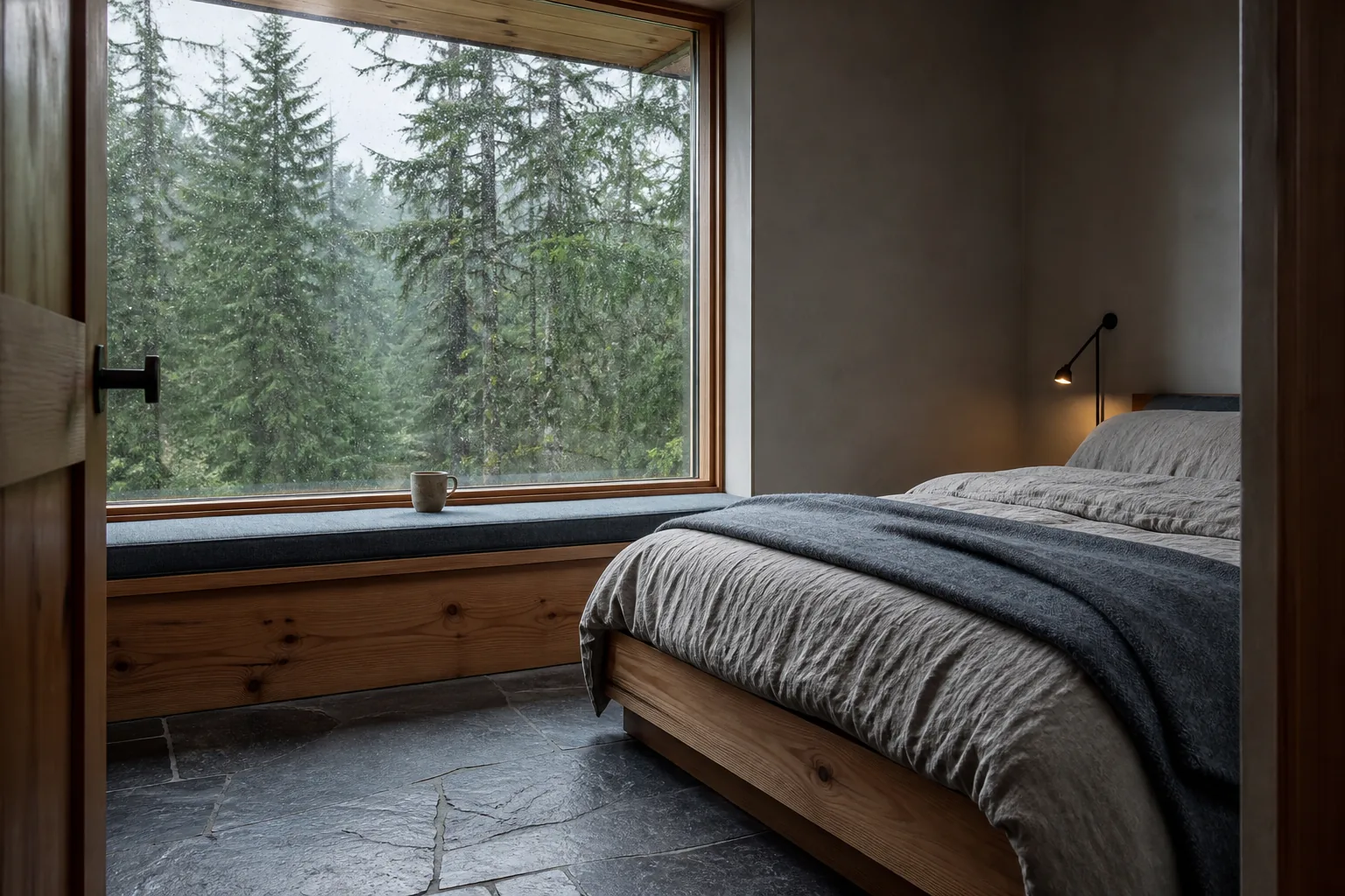 Compact retreat guest room with gray linen and a rain-covered forest window