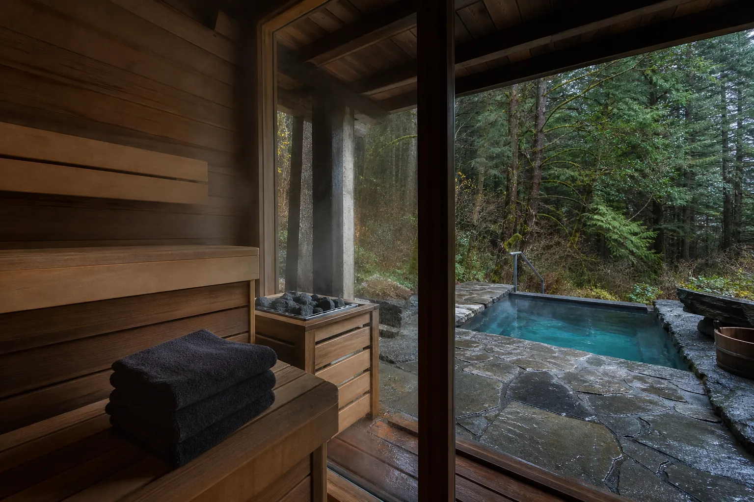 Cedar sauna beside a small forest plunge pool