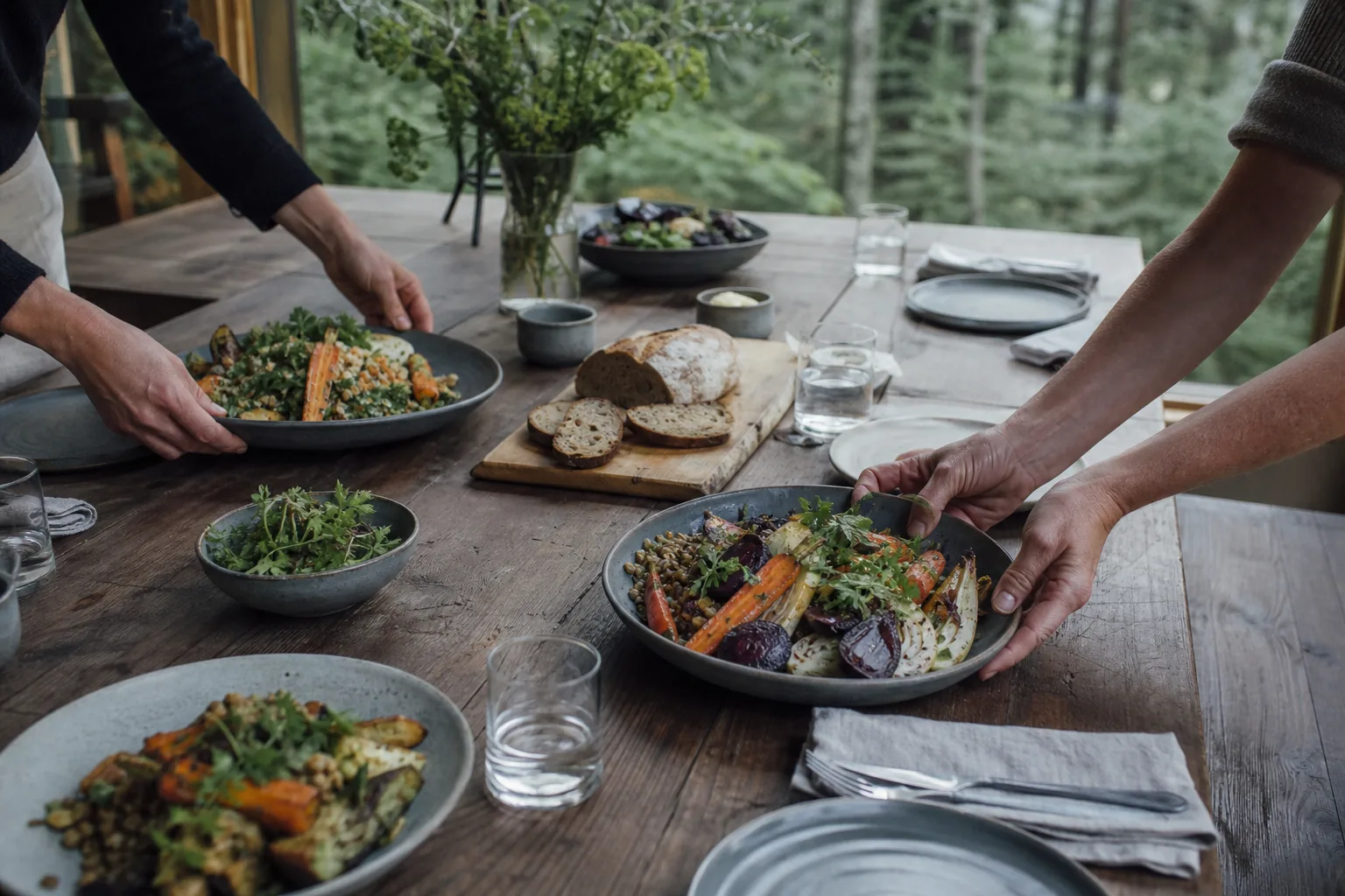 Seasonal vegetable dishes being placed on a shared timber table